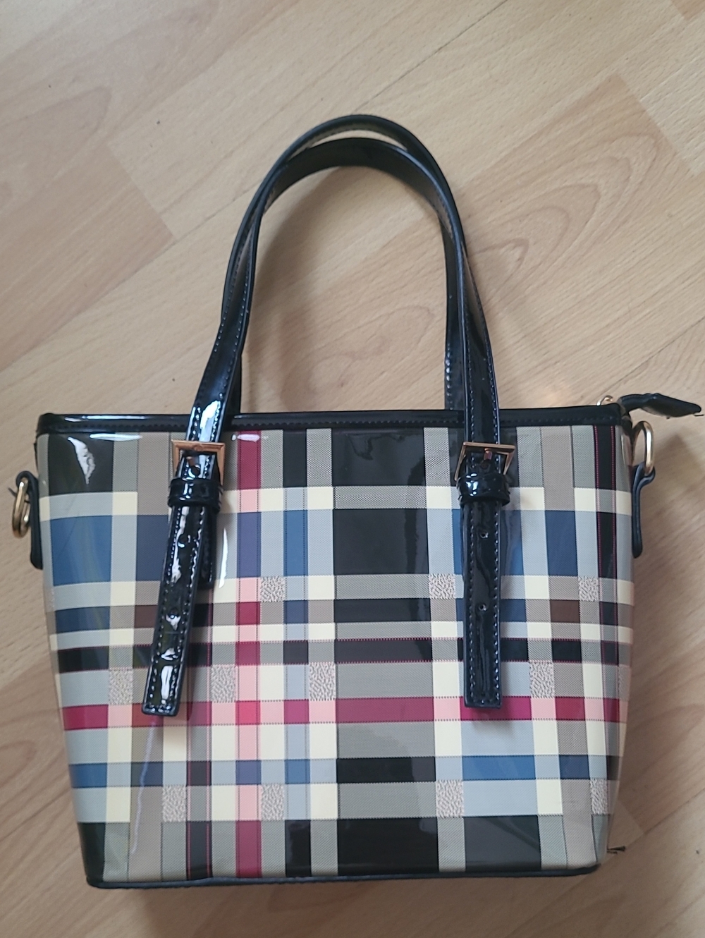 DIOPHY Glossy Plaid Shoulder Tote in Black, Cream & Blue